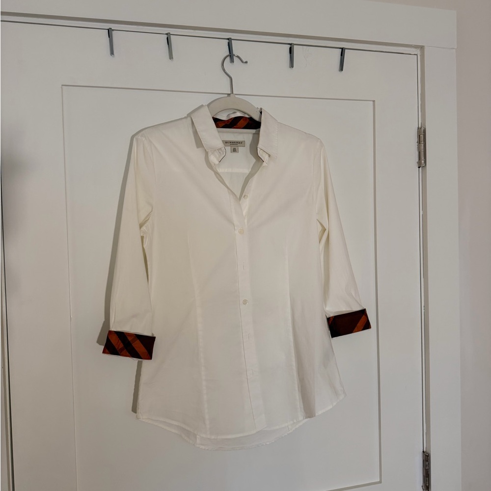 Burberry White Shirt with Brown and Rust-Orange Collar Trim